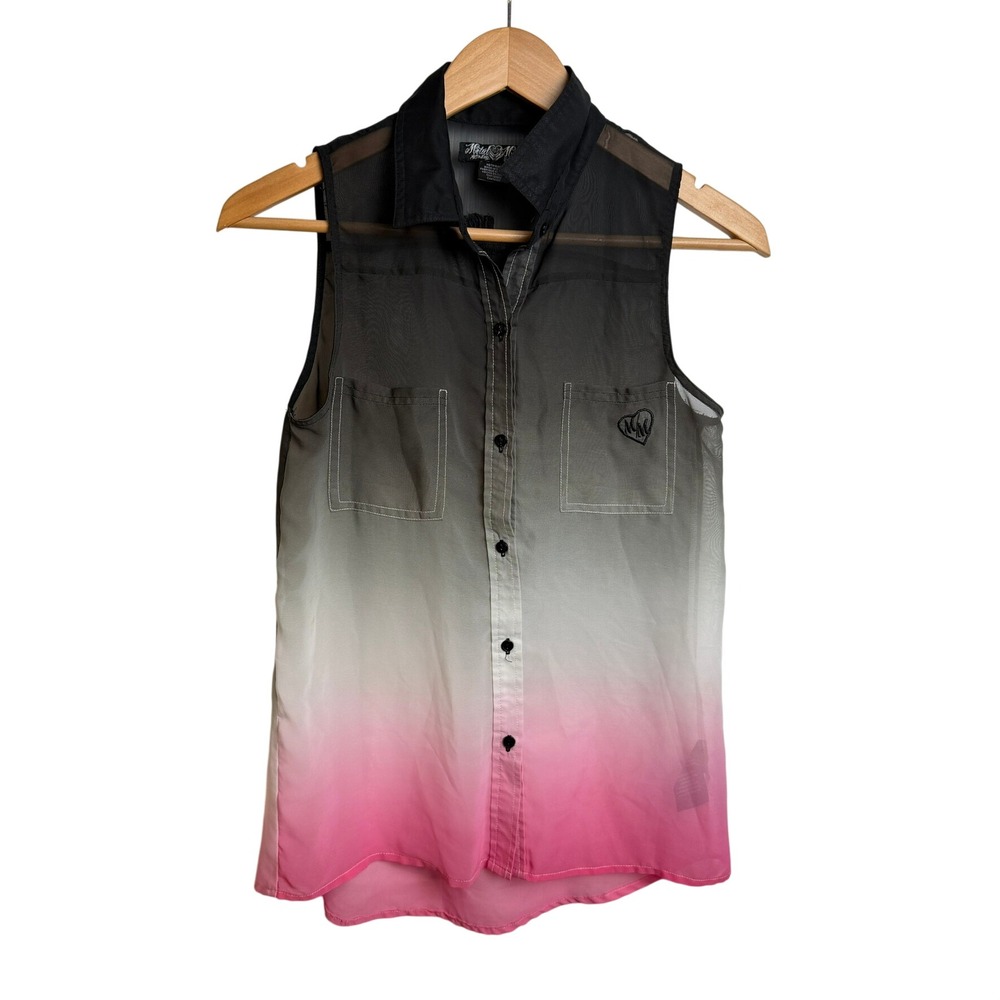 Metal Mulisha Women‎ Sleeveless Ombre Button Down S Pink Black Grey Dip Dye Moto